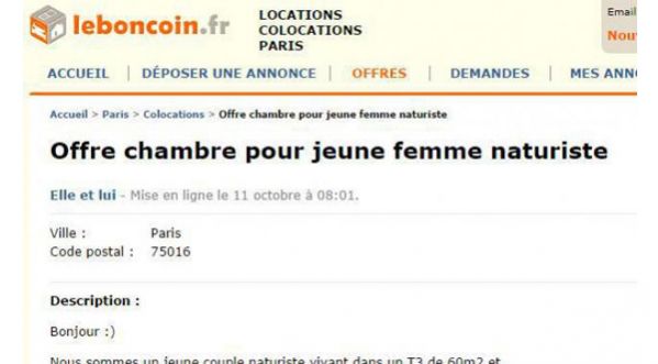 Une chambre pour « femme naturiste » sur le site le bon coin!