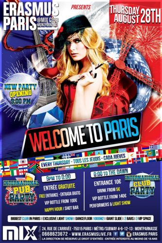 Nouvelle soirée Ouverture 21h00 – International pub party – Welcome to paris