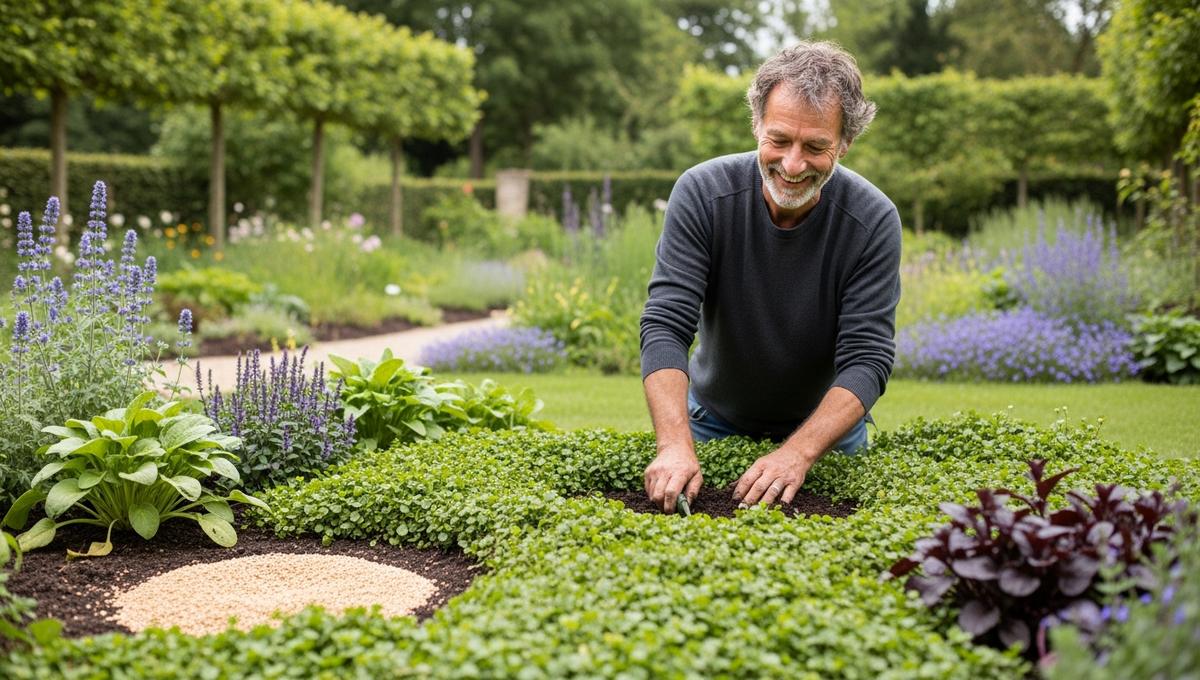 Soonnight - Tapis végétal semé en novembre 2025 surpasse le paillage et permet un jardin presque sans arrosage