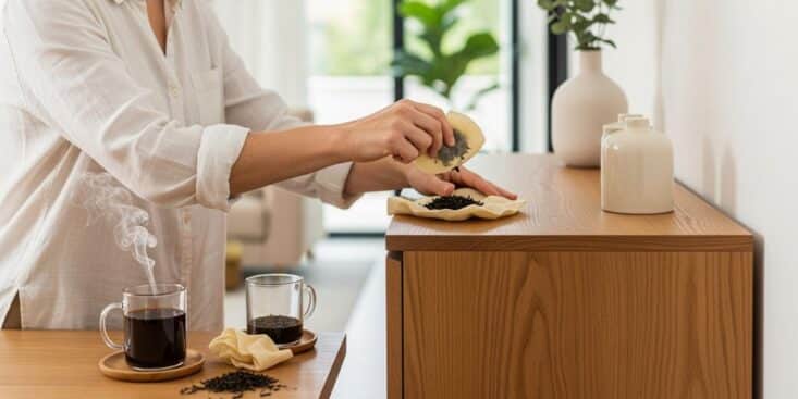 Soonnight - Meubles en bois : le thé noir, solution 100% naturelle, remplace vos produits et ravive l’éclat du salon