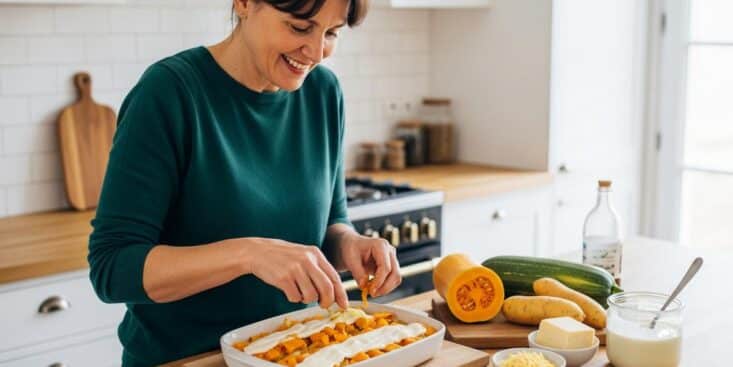 SoonNight - Gratin butternut et patate douce : préparez-le la veille pour un plat fondant et doré en 40 minutes