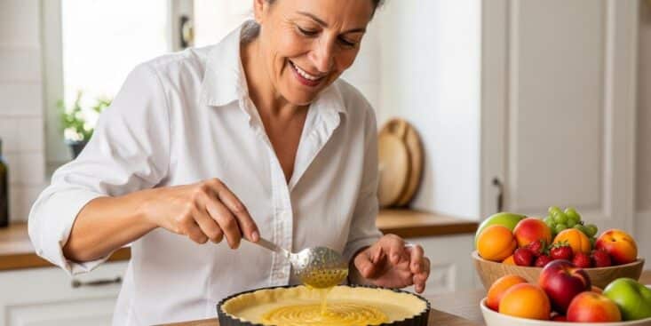 SoonNight - Tarte aux fruits : saupoudrez de la semoule fine sur la pâte pour éviter qu'elle ne détrempe
