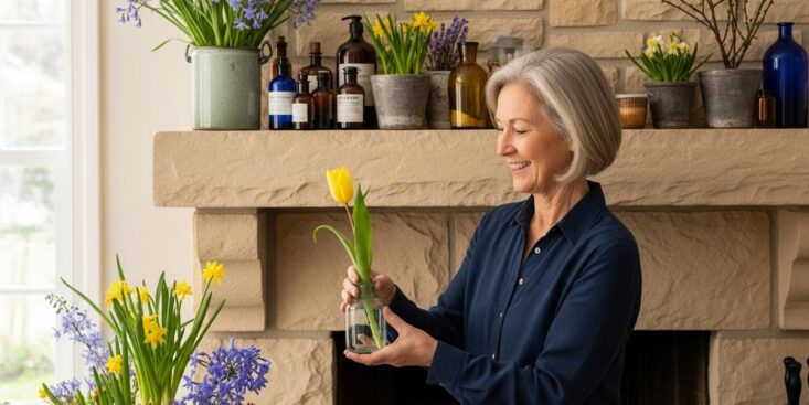 SoonNight - Cheminée terne au printemps : cette astuce avec quelques fleurs et mini-vases transforme votre salon sans effort