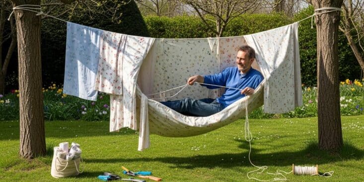 SoonNight - Cette astuce transforme vos vieux draps en hamac tendance sans la moindre couture