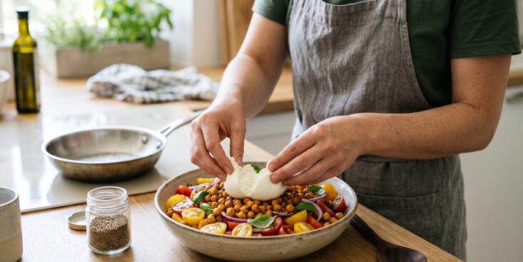 Soonnight - Cette salade d'été burrata et pois chiches au cumin grillé bluffe tout le monde et coûte presque rien