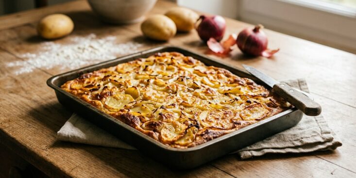 SoonNight - Cette recette italienne troque les courgettes contre pommes de terre et oignons pour une scarpaccia dorée et croustillante