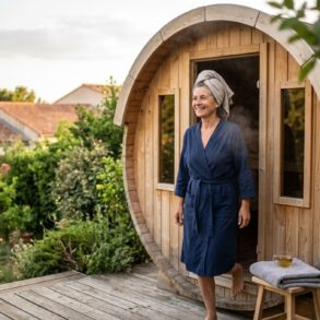SoonNight - Ce sauna de jardin en tonneau tient sur une terrasse et transforme l'angle inutilisé en vrai spa scandinave