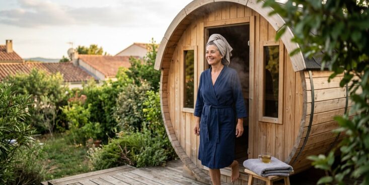 SoonNight - Ce sauna de jardin en tonneau tient sur une terrasse et transforme l'angle inutilisé en vrai spa scandinave