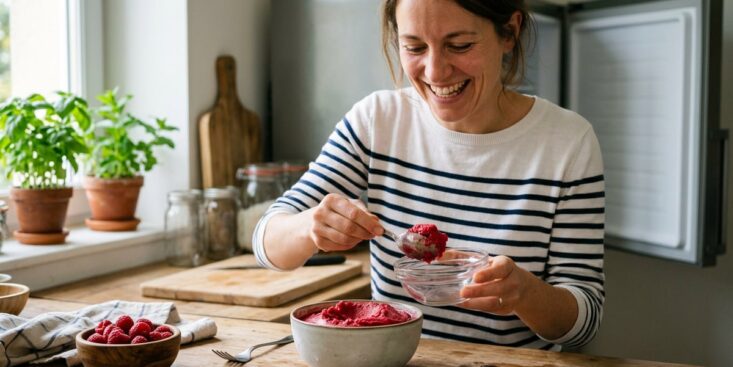 SoonNight - Sans sorbetière ni matériel pro, cette recette facile de sorbet framboise se prépare avec 4 ingrédients et un simple congélateur
