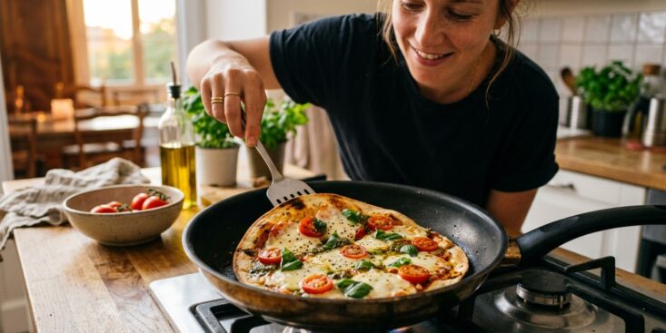 SoonNight - Cette pizza tortilla à la poêle prête en 5 minutes devient la recette rapide des soirs à 30 °C