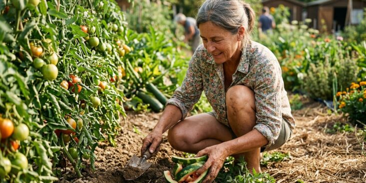 SoonNight - Elle enterre ses écorces de pastèque au pied des tomates et son potager traverse la canicule sans broncher