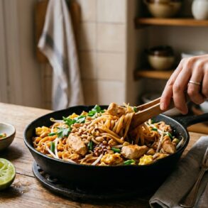 SoonNight - Ces nouilles thaï au poulet, tamarin et citron vert, la recette facile en une seule poêle prête en 15 minutes
