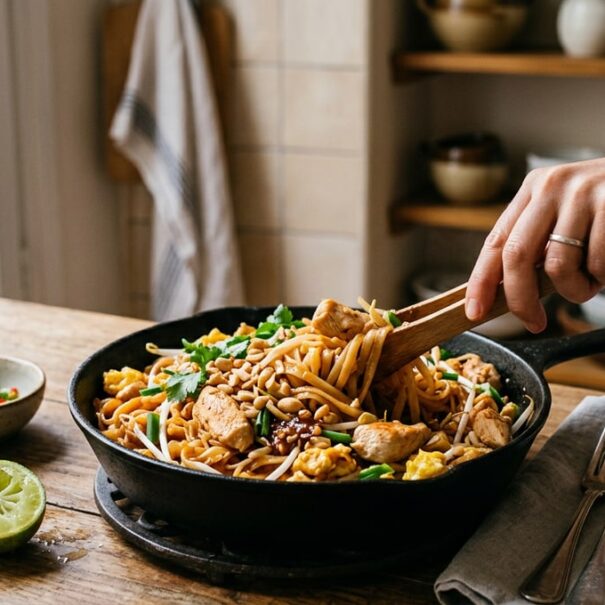 SoonNight - Ces nouilles thaï au poulet, tamarin et citron vert, la recette facile en une seule poêle prête en 15 minutes