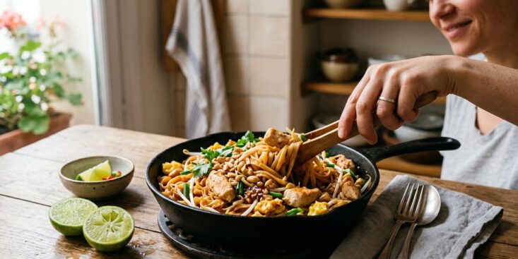 SoonNight - Ces nouilles thaï au poulet, tamarin et citron vert, la recette facile en une seule poêle prête en 15 minutes