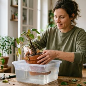 SoonNight - Quand le substrat est sec, il plonge ses plantes d'intérieur dans une bassine