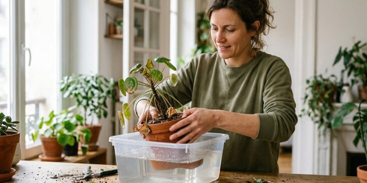SoonNight - Quand le substrat est sec, il plonge ses plantes d'intérieur dans une bassine