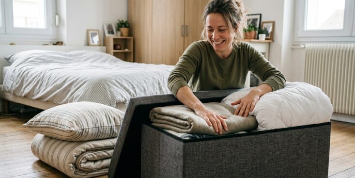 SoonNight - J'ai testé ce banc de rangement Action à 11,95€ qui avale couettes et coussins