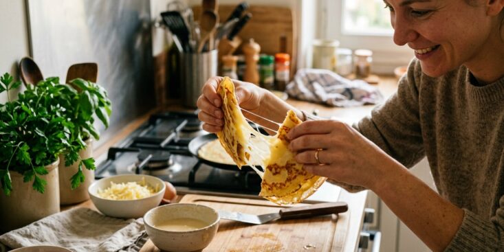 SoonNight - Cette recette facile de crêpes moelleuses au fromage fondu se prépare en 30 minutes