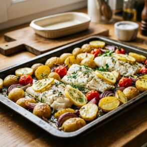 SoonNight - Cette recette rapide de poisson blanc et pommes de terre cuit sur une seule plaque