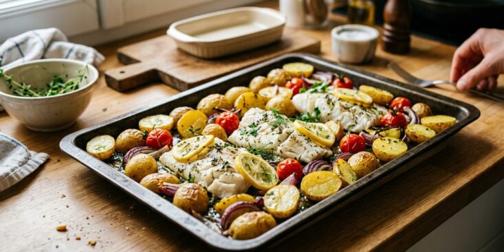 SoonNight - Cette recette rapide de poisson blanc et pommes de terre cuit sur une seule plaque
