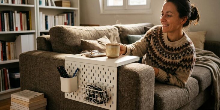 Soonnight - Cette tablette IKEA à 10 € se clipse sur l'accoudoir et remplace la table basse dans un petit salon