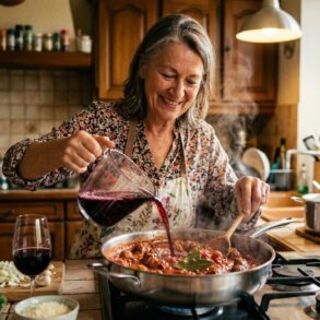 Soonnight - Ma belle-mère réussit sa recette facile de sauce tomate aux saucisses avec un verre de vin rouge