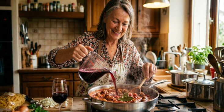 Soonnight - Ma belle-mère réussit sa recette facile de sauce tomate aux saucisses avec un verre de vin rouge