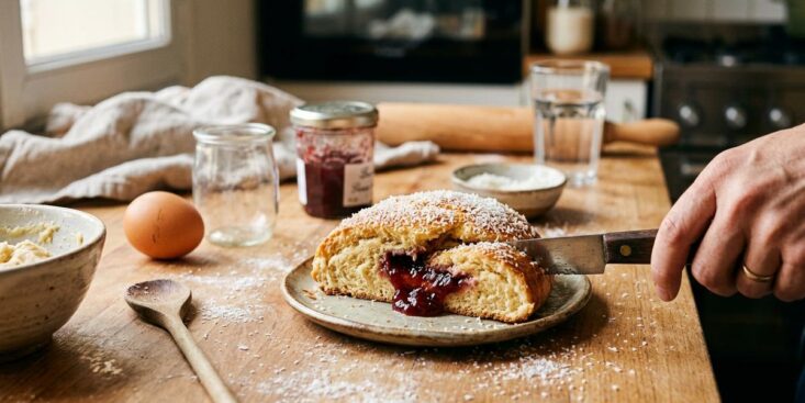 Soonnight - Un œuf et un pot de yaourt suffisent pour réussir cette recette de dessert moelleux en demi-lune garni de confiture