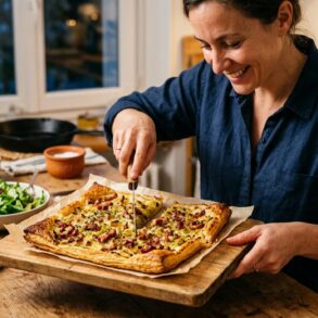 Soonnight - Cette tarte fine aux poireaux et lardons sans crème croustille en 20 minutes et fait oublier la quiche
