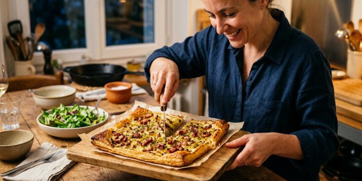 Soonnight - Cette tarte fine aux poireaux et lardons sans crème croustille en 20 minutes et fait oublier la quiche